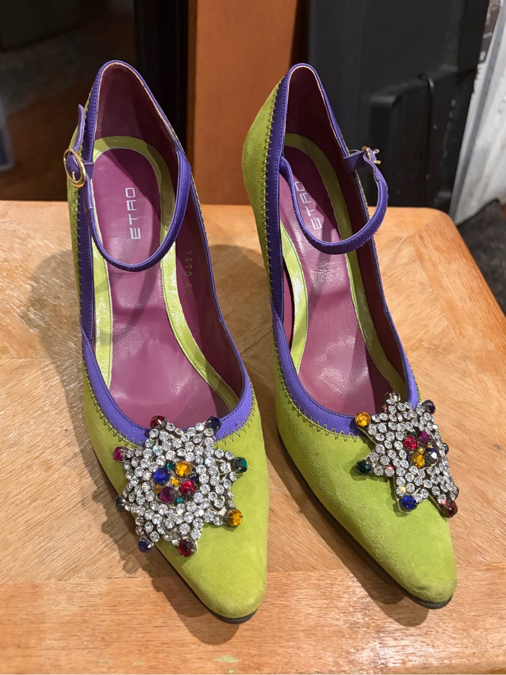 Etro Lime Green and Purple Suede Pointed Mary Jane Pumps with Jeweled Brooch